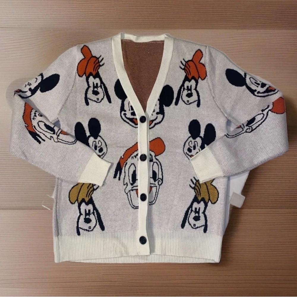 Vintage Rare Disneyland Mickey Mouse Goofy Donald Sweater Cardigan Soft S1